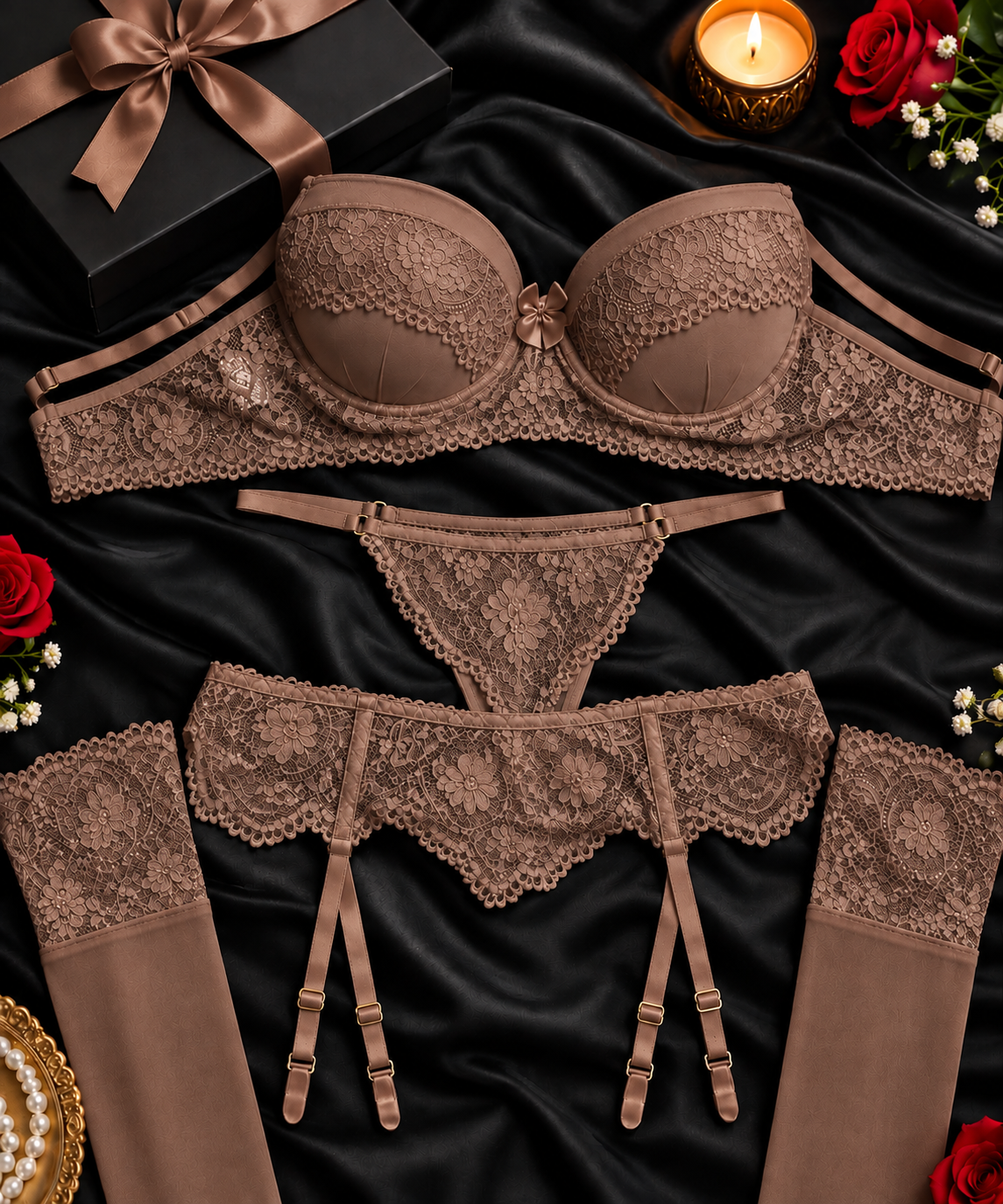 Pack of 3 Royal Rose Lace Lingerie Set