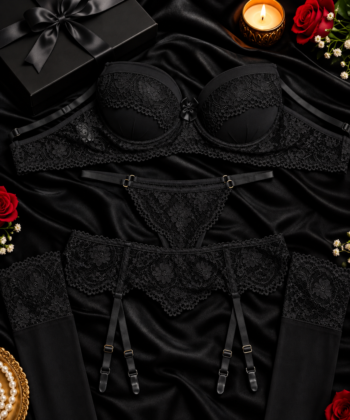Pack of 3 Royal Rose Lace Lingerie Set
