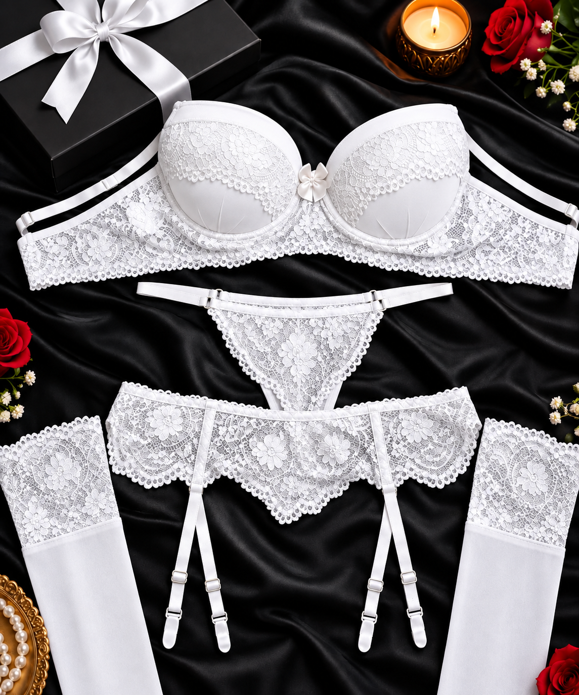 Pack of 3 Royal Rose Lace Lingerie Set