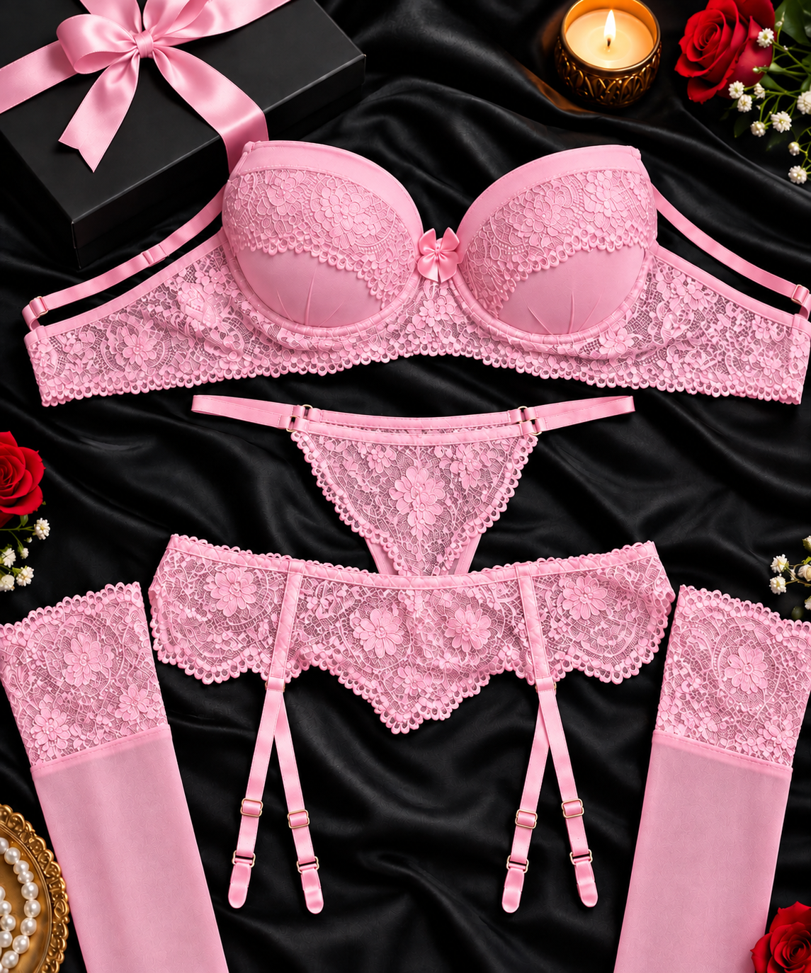 Pack of 3 Royal Rose Lace Lingerie Set