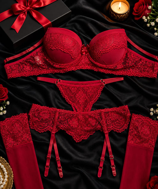 Pack of 3 Royal Rose Lace Lingerie Set